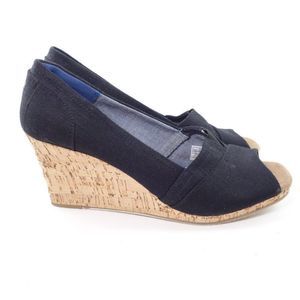 Toms Emma Womens Size 12 Cork Wedges Black Canvas Sandals Heels EUC